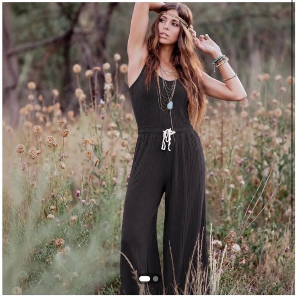 Spiritual Gangster Harmony Rib Jogger Jumpsuit Black Loungewear One Piece Size S